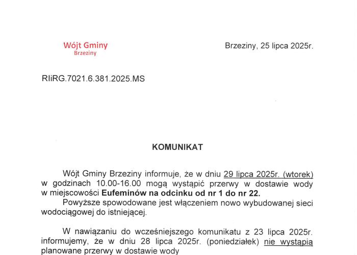 Komunikat - przerwa w dostawie wody w dniu 29 lipca w godzinach 10:00 - 16:00 w miejscowości Eufeminów na odcinku od nr 1 do nr 22.