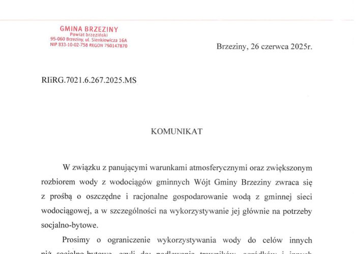 Komunikat - oszczędzaj wodę !