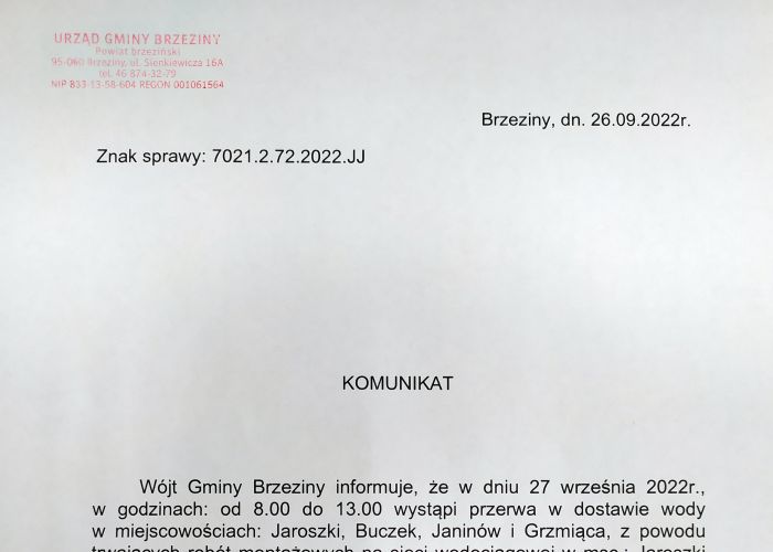 Komunikat dotyczący przerwy w dostawie wody w miejscowościach: Jaroszki, Buczek, Janinów i Grzmiąca w dniu 27 września.