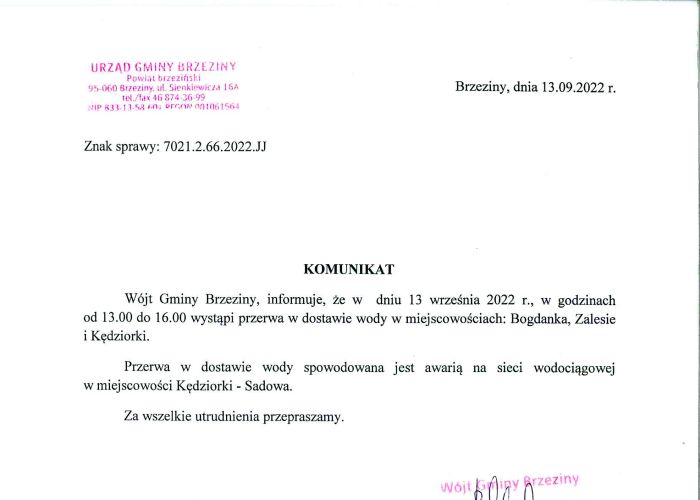 Komunikat dotyczący przerwy w dostawie wody w miejscowościach Bogdanka, Zalesie i Kędziorki w dniu 13 września.