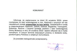 AKTUALIZACJA - Komunikat dotyczący przerwy w dostawie wody w miejscowościach: Kędziorki, Zalesie, Sadowa, Bogdanka, Tworzyjanki, Ścibiorów, Rochna i Lisowice w dniu 20 września.