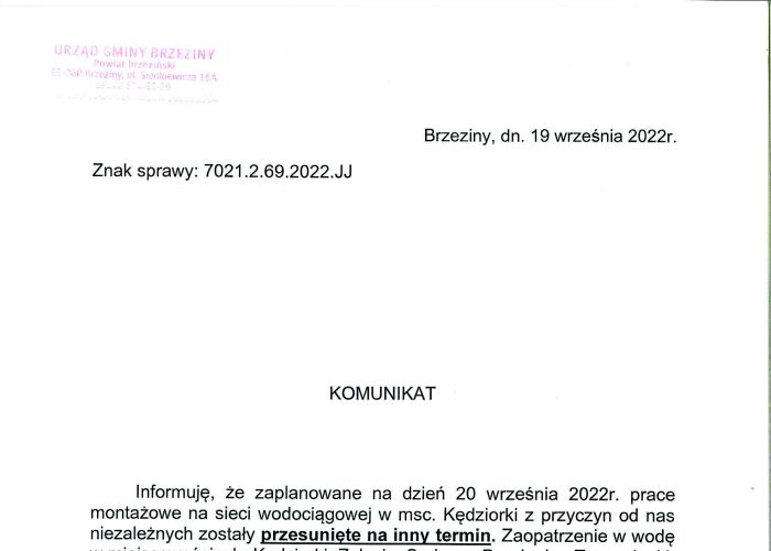 AKTUALIZACJA - Komunikat dotyczący przerwy w dostawie wody w miejscowościach: Kędziorki, Zalesie, Sadowa, Bogdanka, Tworzyjanki, Ścibiorów, Rochna i Lisowice w dniu 20 września.