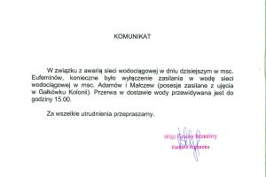 Komunikat dotyczący przerwy w dostawie wody w miejscowościach Adamów i Małczew w dniu 19 października.