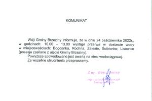 Komunikat dotyczący przerwy w dostawie wody w miejscowościach Bogdanka, Rochna, Zalesie, Ścibirów, Lisowice w dniu 24 października.