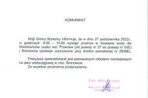Komunikat dotyczący przerwy w dostawie wody w miejscowościach Przecław i Bronowice w dniu 27 października.