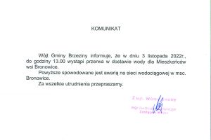 Komunikat dotyczący przerwy w dostawie wody w miejscowości Bronowice w dniu 3 listopada.