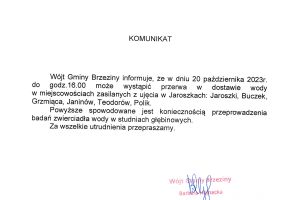 Komunikat dotyczący przerwy w dostawie wody w miejscowościach: Jaroszki, Buczek, Janinów i Grzmiąca w dniu 26 września.