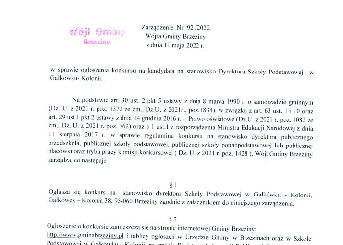 Ogłoszenie konkursu na kandydata na stanowisko Dyrektora Szkoły Podstawowej w Gałkówku-Kolonii.