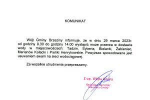 Komunikat dotyczący przerwy w dostawie wody w miejscowościach: Tadzin, Syberia, Bielanki, Żabieniec, Marianów Kołacki i Pieńki Henrykowskie w dniu 29 marca.