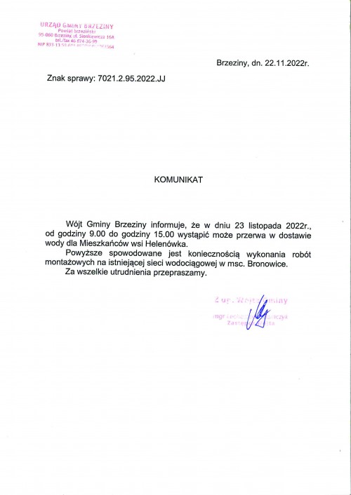 Komunikat dotyczący przerwy w dostawie wody w miejscowości Helenówka w dniu 23 listopada.