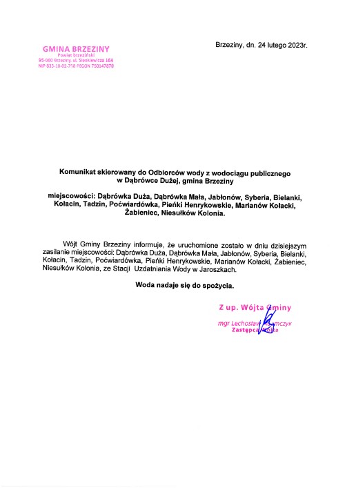 Komunikat skierowany do Odbiorców wody z wodociągu publicznego w Dąbrówce Dużej, gmina Brzeziny - WODA NADAJE SIĘ DO SPOŻYCIA