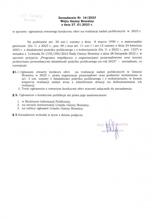 Zarządzenie Nr 16/2023 Wójta Gminy Brzeziny z dnia 27.01.2023 r. w sprawie ogłoszenia otwartego konkursu ofert na realizację zadań publicznych w 2023 r. 