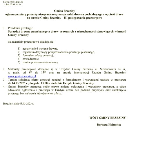 Gmina Brzeziny ogłasza przetarg pisemny nieograniczony na sprzedaż drewna pochodzącego z wycinki drzew na terenie Gminy Brzeziny – III postępowanie przetargowe