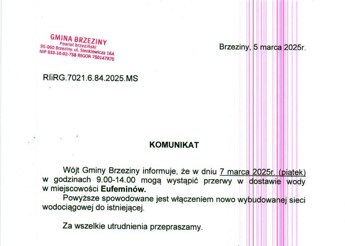 Przerwa w dostawie wody w miejscowościach Eufeminów i Jordanów - w dniu 9 lipca (wtorek), w godzinach 10:30 - 13:00.