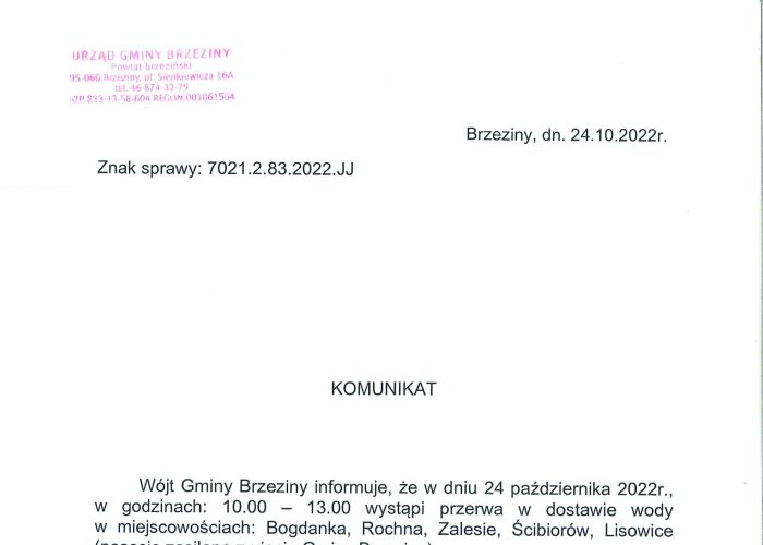 Komunikat dotyczący przerwy w dostawie wody w miejscowościach Bogdanka, Rochna, Zalesie, Ścibirów, Lisowice w dniu 24 października.
