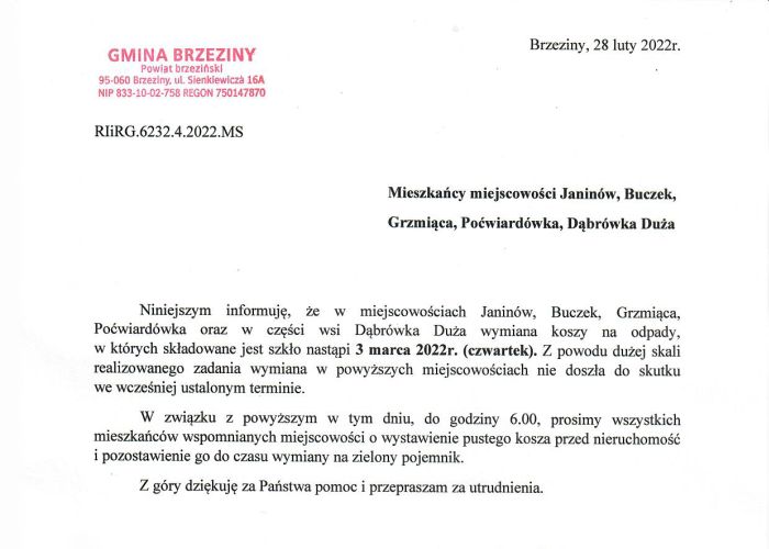 Wymiana koszy na szkło - 03.03.2022 r.