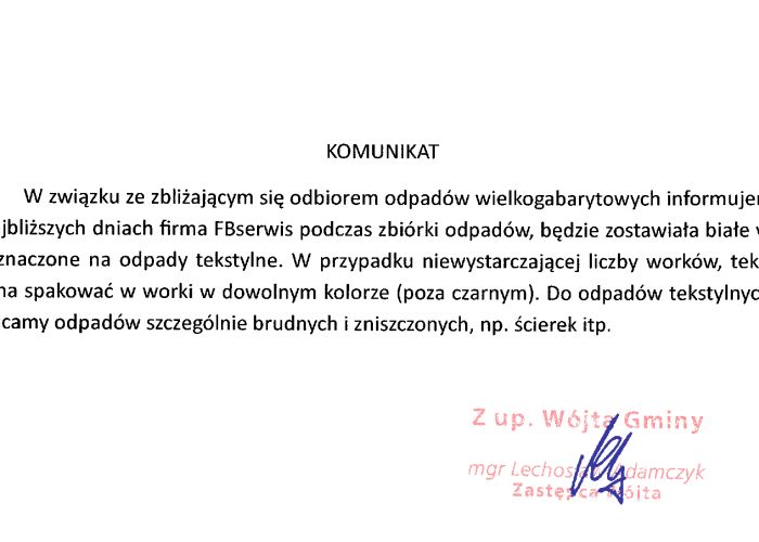 Komunikat - odbiór odpadów wielkogabarytowych.