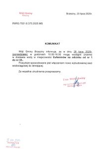 Wójt Gminy Brzeziny informuje, że w dniu 31 marca 2025r. (poniedziałek) w godzinach 09.00-12.00 mogą wystąpić przerwy w dostawie wody w miejscowości Tworzyjanki.