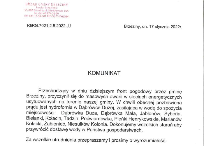 Komunikat Wójta Gminy Brzeziny w sprawie przerw w dostawie wody dla mieszkańców miejscowości na terenie Gminy Brzeziny z dnia 17 stycznia br.