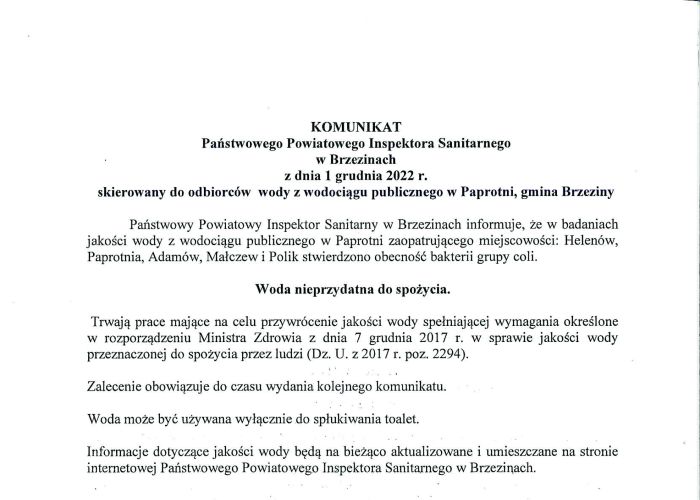 Komunikat Państwowego Powiatowego Inspektora Sanitarnego w Brzezinach skierowany do odbiorców wody z wodociągu publicznego w Paprotni, gmina Brzeziny, dotyczący NIEPRZYDATNOŚCI WODY DO SPOŻYCIA.