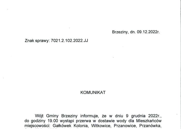 Komunikat dotyczący przerwy w dostawie wody w miejscowościach: Gałkówek Kolonia, Witkowice, Przanowice, Przanówka, Stare Koluszki i Bogdanka w dniu 9 grudnia.
