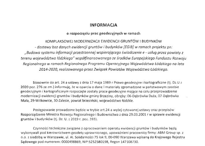 Informacja o rozpoczęciu prac geodezyjnych w ramach KOMPLEKSOWEJ MODERNIZACJI EWIDENCJI GRUNTÓW I BUDYNKÓW