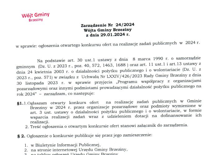 Zarządzenie Nr 24/2024 Wójta Gminy Brzeziny z dnia 29.01.2024 r. w sprawie: ogłoszenia otwartego konkursu ofert na realizację zadań publicznych w 2024 r.