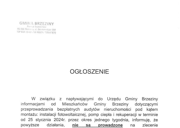 KOMUNIKAT WÓJTA GMINY BRZEZINY DLA MIESZKAŃCÓW - WAŻNE !