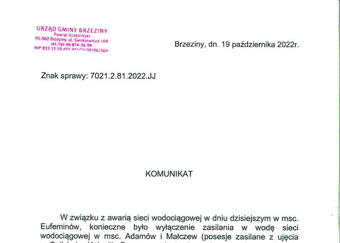 Komunikat dotyczący przerwy w dostawie wody w miejscowościach Adamów i Małczew w dniu 19 października.