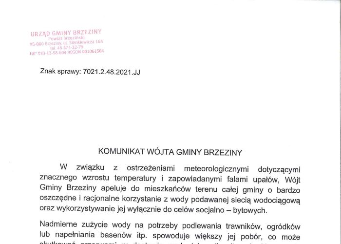 Komunikat Wójta Gminy Brzeziny dotyczący oszczędnego i racjonalnego wykorzystywania wody