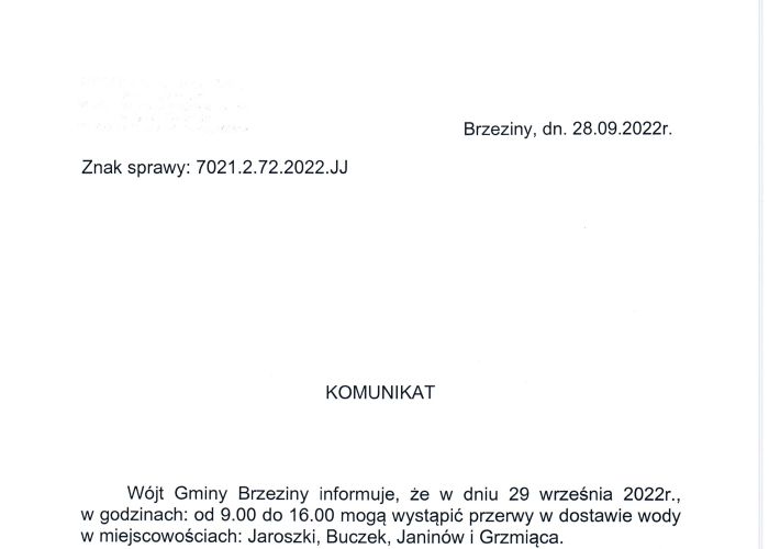 Komunikat dotyczący przerwy w dostawie wody w miejscowościach: Jaroszki, Buczek, Janinów i Grzmiąca w dniu 29 września.