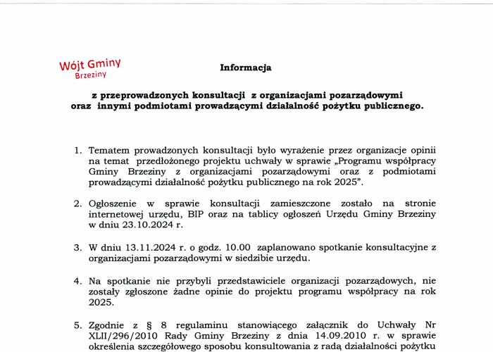 Informacja z przeprowadzonych konsultacji z organizacjami pozarządowymi oraz innymi podmiotami prowadzącymi działalność pożytku publicznego.
