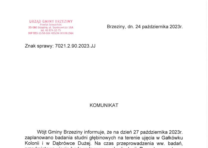 Badania studni głębinowych na terenie ujęcia w Gałkówku Kolonii i w Dąbrówce Dużej - możliwe przerwy w dostawie wody