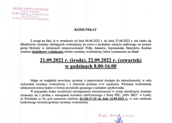 21-22.09 - Dodatkowy i ostateczny termin wymiany wodomierzy dla miejscowości Polik, Adamów, Szymaniszki, Henryków, Rochna.