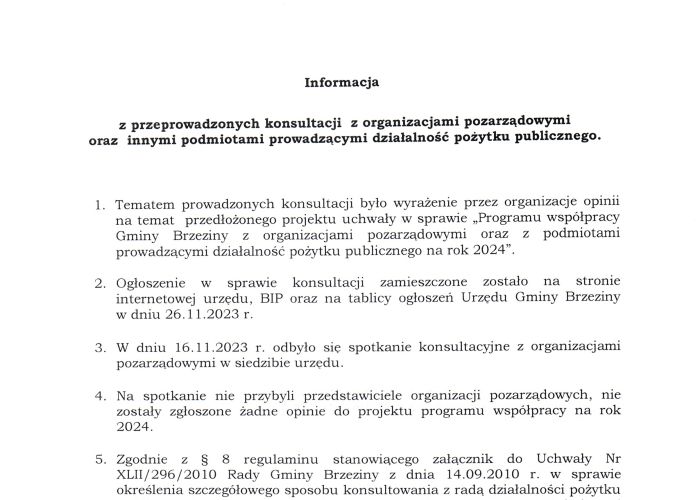 Informacja z przeprowadzonych konsultacji z organizacjami pozarządowymi.