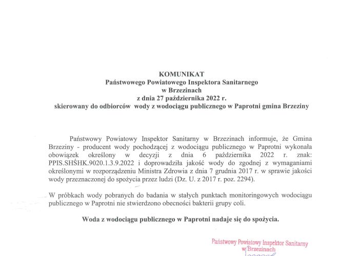 Woda z wodociągu publicznego w Paprotni nadaje się do spożycia !