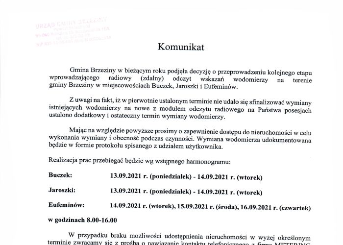 Komunikat Wójta Gminy Brzeziny w sprawie przeprowadzenia kolejnego etapu wprowadzającego radiowy (zdalny) odczyt wskazań wodomierzy na terenie Gminy Brzeziny w miejscowościach Buczek, Jaroszki i Eufeminów.