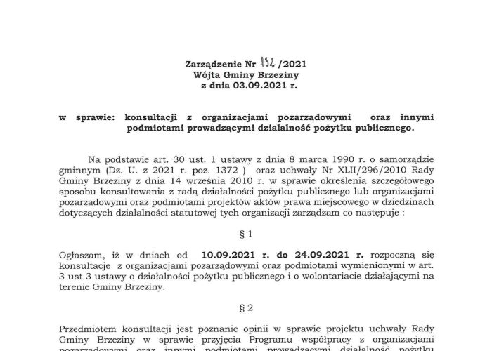 Zarządzenie Nr 132/2021 Wójta Gminy Brzeziny z dnia 03.09.2021 r.