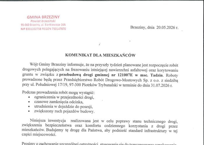 Komunikat - Wymiana wodomierzy na terenie gminy Brzeziny