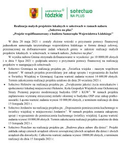 Realizacja małych projektów lokalnych w sołectwach w ramach naboru „Sołectwo na plus” ,,Projekt współfinansowany z budżetu Samorządu Województwa Łódzkiego’’