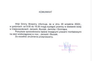 Komunikat dotyczący przerwy w dostawie wody w miejscowościach: Jaroszki, Buczek, Janinów i Grzmiąca w dniu 29 września.