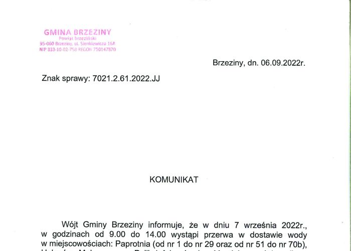 Komunikat dotyczący przerwy w dostawie wody w miejscowościach: Paprotnia, Helenów, Małczew oraz Polik i Adamów w dniu 7 września.