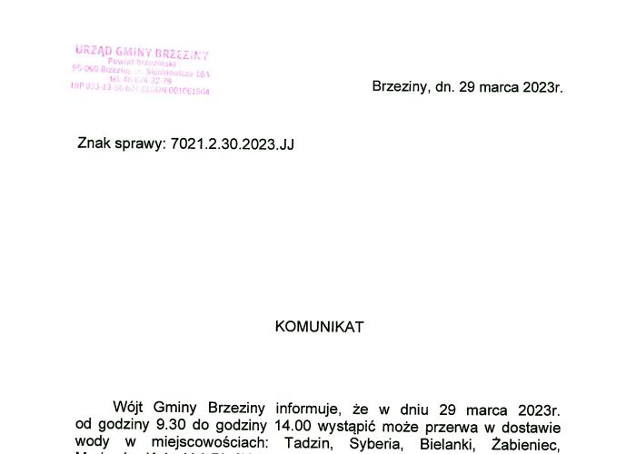 Komunikat dotyczący przerwy w dostawie wody w miejscowościach: Tadzin, Syberia, Bielanki, Żabieniec, Marianów Kołacki i Pieńki Henrykowskie w dniu 29 marca.
