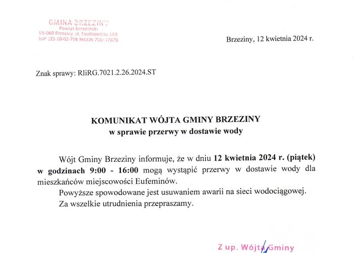 Przerwa w dostawie wody w miejscowości Eufeminów - w dniu 12 kwietnia (piątek), w godzinach 09:00 - 16:00.
