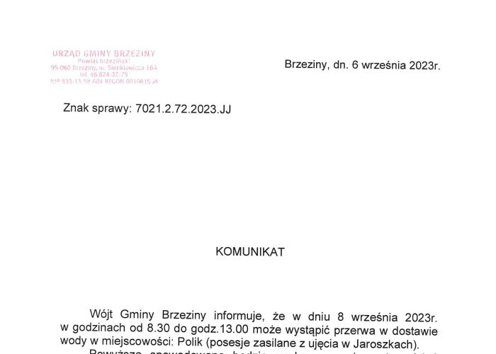 Komunikat dla mieszkańców Polika - przerwa w dostawie wody.