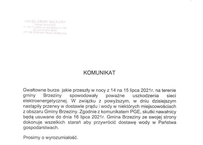 Komunikat odnośnie przeprowadzenia kolejnego etapu wprowadzającego radiowy (zdalny) odczyt wskazań wodomierzy na terenie gminy Brzeziny w miejscowościach Buczek, Jaroszki i Eufeminów