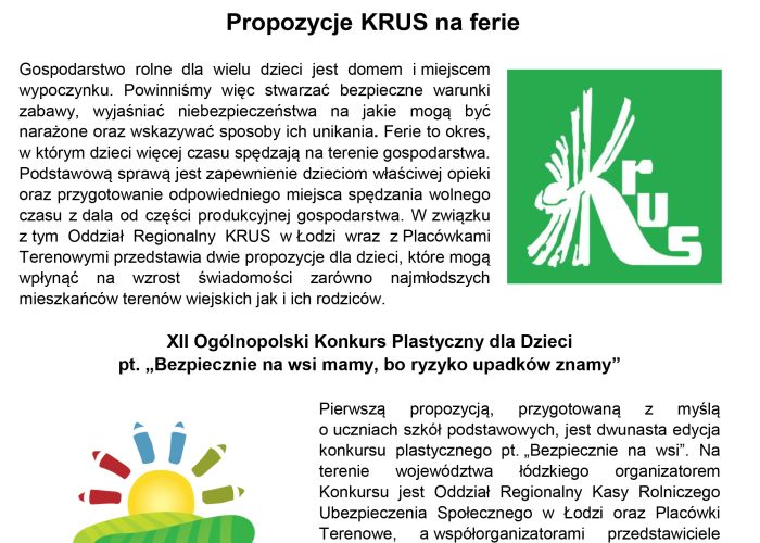 Propozycje KRUS dla dzieci w związku ze zbliżającymi się feriami