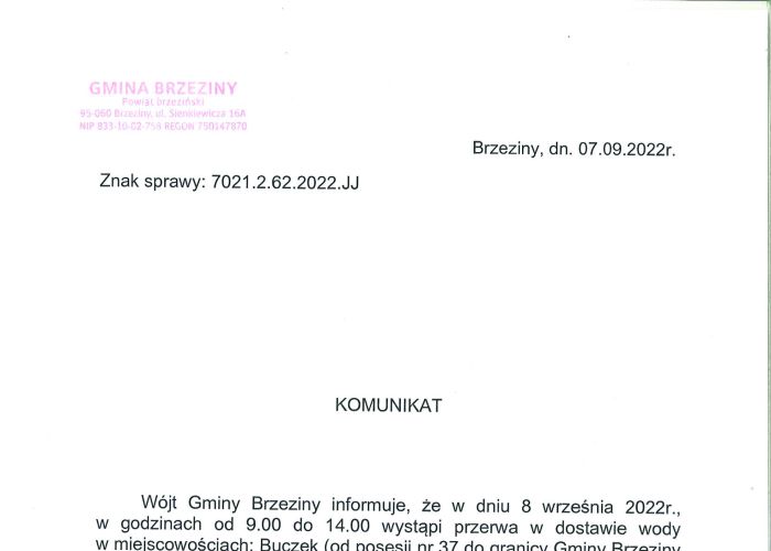 Komunikat dotyczący przerwy w dostawie wody w miejscowościach Buczek i Janinów w dniu 8 września.