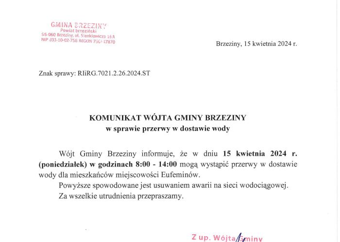 Przerwa w dostawie wody w miejscowości Eufeminów - w dniu 15 kwietnia (poniedziałek), w godzinach 08:00 - 14:00.