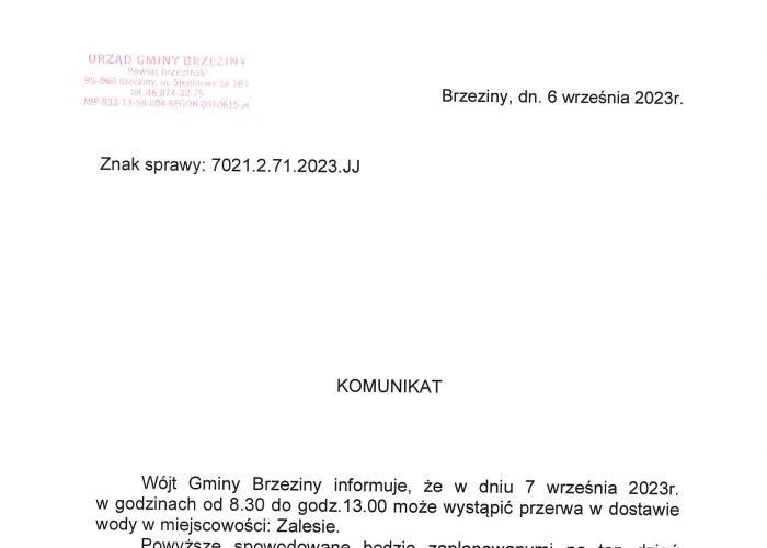 Komunikat dla mieszkańców Zalesia - przerwa w dostawie wody.